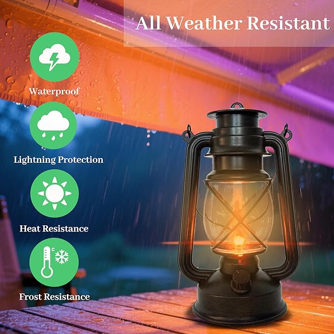 Vintage LED Outdoor Lantern Battery Powered Lanterns with Flame Wick Waterproof Camping Lamp Non-Solar Hanging Lantern Lights Landscape Decor for Indoor/Outdoor Use-Ruum Studio Home