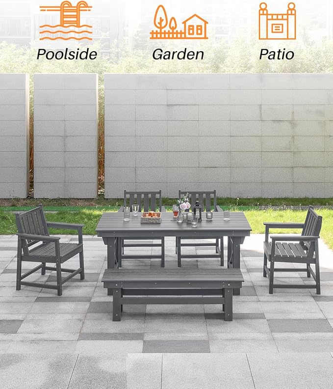 HDPE Outdoor Bench, 55" Patio Bench Outdoor Furniture, Poly Lumber Adirondack Benches, Fade-Resistant HDPE Garden Backless Benches for Park, Poolside, Porch, Smoke Gray-Ruum Studio Home