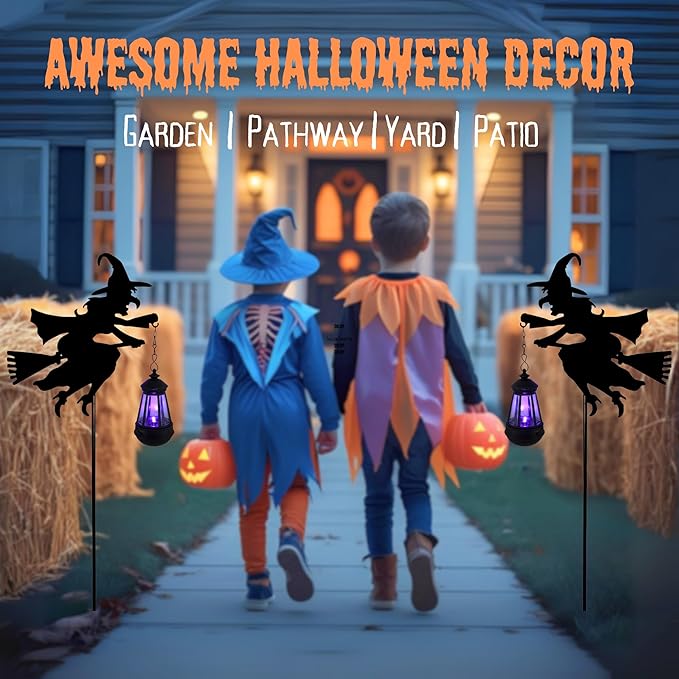 Fairy Garden Accessories Lawn Ornaments 1 Pair - Solar Lights Halloween Decorations Outdoor Garden Statue, Metal Stakes Decorative Figurines for Yard Decor, Patio (Witch)-Ruum Studio Home