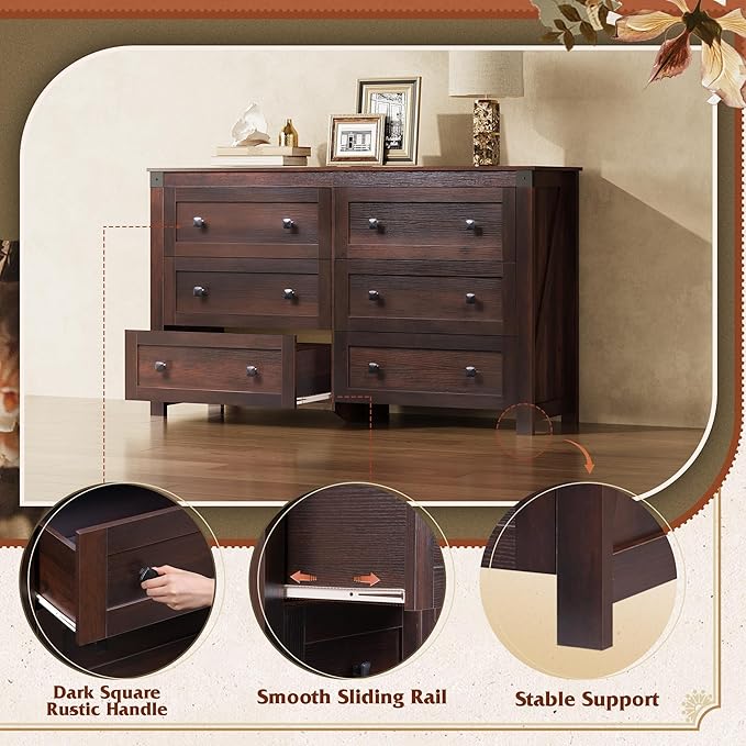 WLIVE Farmhouse 6 Drawer Dresser for Bedroom, 53.07'' Wide Wood Dresser, Storage Organizer with Double Rustic Handle, TV Stand for 60 inch TV, Chest of Drawers for Living Room, Hallway, Brown-Ruum Studio Home