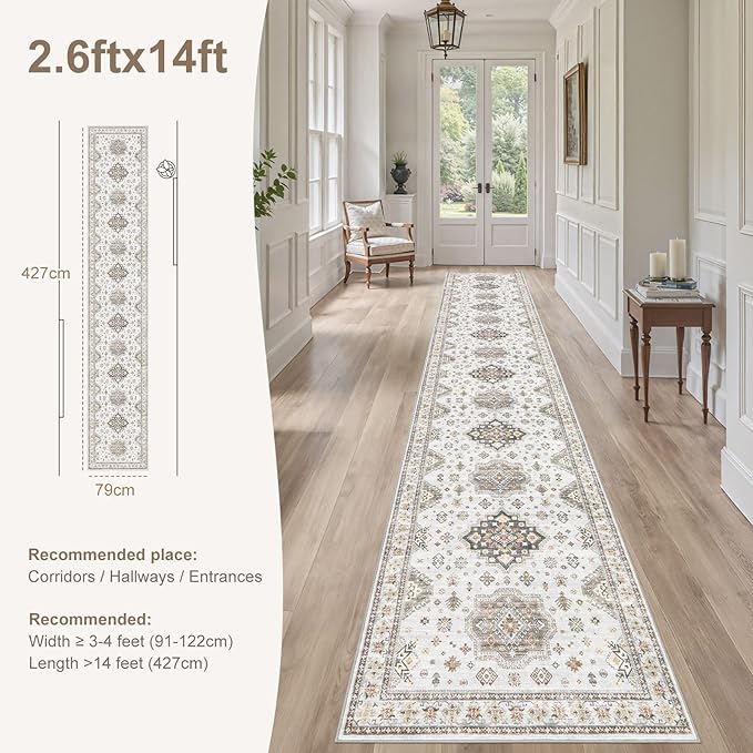 Washable 2.6x14 Runner Rug - Area Rugs Neutral Vintage Distressed Floral Farmhouse Boho Large Soft Floor Rug Indoor Carpet for Hallway Entryway Home - Blue Brown-Ruum Studio Home