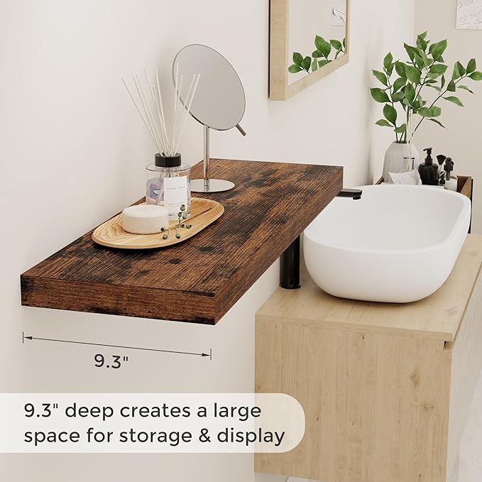 Fun Memories 32 Inch Floating Shelves, Farmhouse Wood Floating Shelf Set of 2, 32 x 9 Floating Shelf Wall Mounted, Deep Storage Display Shelves for Kitchen, Bedroom, Living Room, Rustic Brown Color-Ruum Studio Home