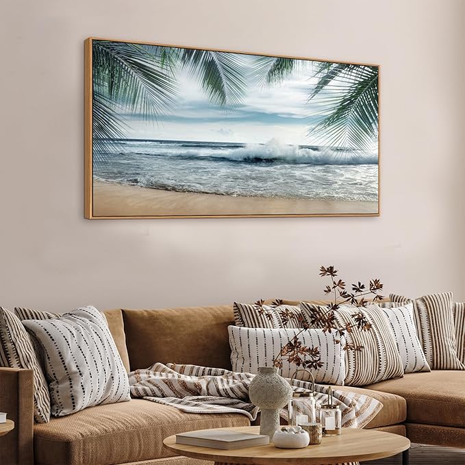 Framed Tropical Beach Wall Art - Ocean Waves Canvas Pictures Coastal Blue Sky and Sea Print Seaside Palm Tree Leaves Scene Painting Artwork Living Room Bedroom Office Home Decor 24" x 48"-Ruum Studio Home