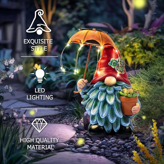 Solar Outdoor Statues Gnome Garden Decor, Garden Gnome with Solar LED Umbrella Decorative for Patio, Balcony, Lawn, Yard Ornament - Unique Gardening Gifts for Mom Grandma-Ruum Studio Home