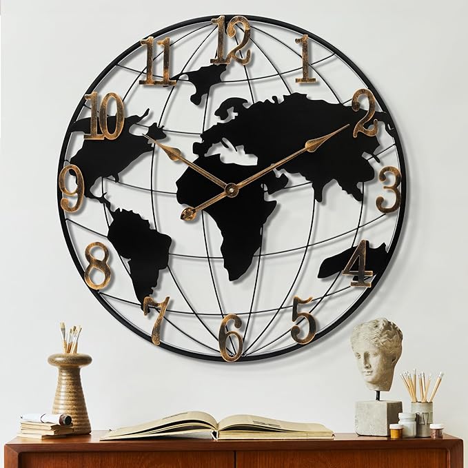 Large Round Metal World Map Clock - 16 Inch Minimalist Modern Silent Non-Ticking Battery Operated Wall Clock for Living Room, Kitchen, Office, Farmhouse Home Decor-Ruum Studio Home