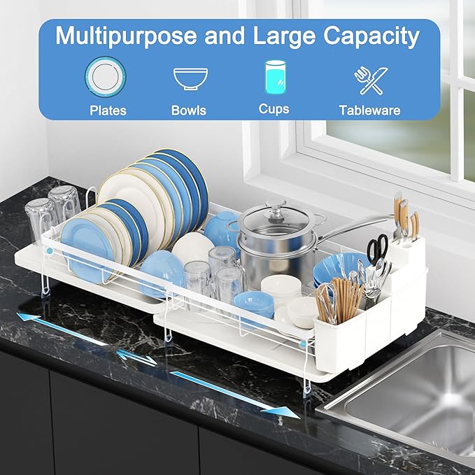 ROTTOGOON Expandable Dish Drying Rack,Multifunctional Adjustable Dish Drainer with Swivel Spout and Anti-Rust Dish Rack with Removable Cutlery & Cup Holders for Kitchen Counter,White-Ruum Studio Home