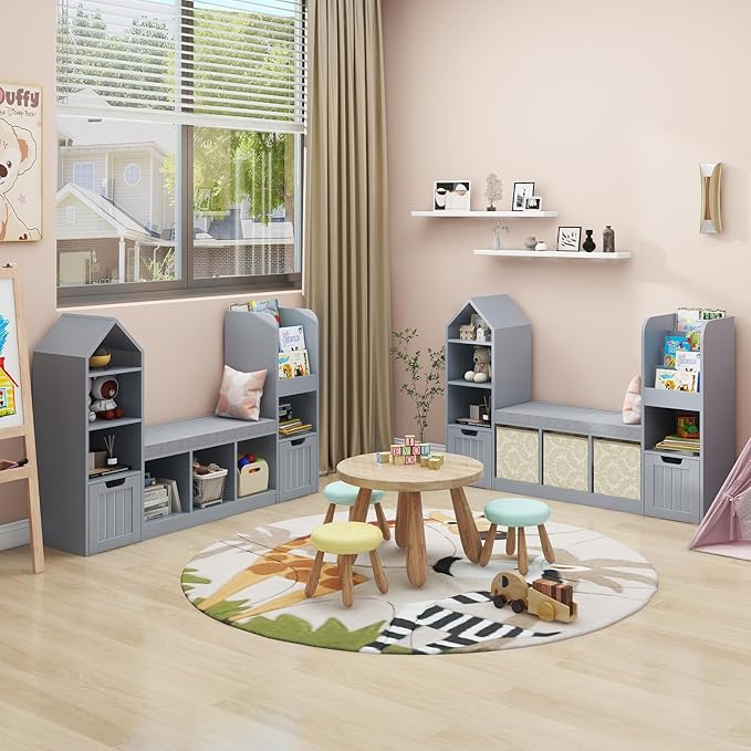 Vabches Toy Storage Organizer for Kids Bookshelf with Reading Nook, Multifunctional Bookcase with 7 Storage Cubbies, 2 Movable Drawers and Seat Cushion for Keeping Kids' Toys Books Organized, Grey-Ruum Studio Home
