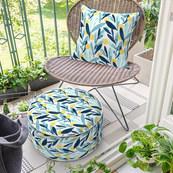 Inflatable Ottoman Stool D21 xH9 for Outdoor/Indoor Use, Water Repellent Patio Foot Rest Stool with Portable Handle,Round Pouf Ottoman Suitable for Garden,Deck and Camping - Leaves Multi-Ruum Studio Home