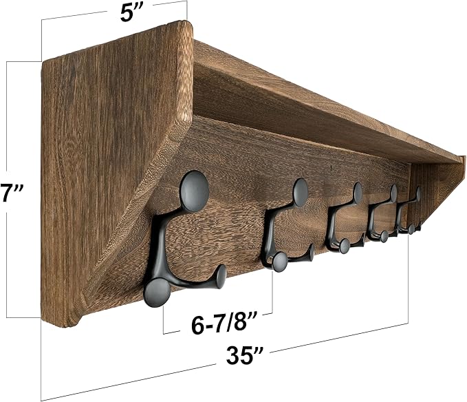 SKOLOO Wall Shelf with Hooks, 35-Inch Weathered Brown Coat Rack Wall Mount with Shelf Organizer - Lightweight & Sturdy, 5 Tri Hooks - Perfect for Entryway, Hallway, Living Room, Bedroom, Mudroom-Ruum Studio Home
