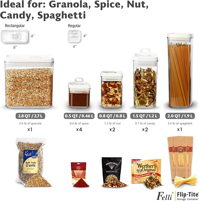 Felli Flip Tite Storage Container with 4 Inch Lid SQUARE & RECTANGLE, Air Tight Ring Seal Top Clear Acrylic Canister Jar, Spice Pasta Cereal Snack Pantry Organizer, Gift Set for Women (10pk, Variety)-Ruum Studio Home