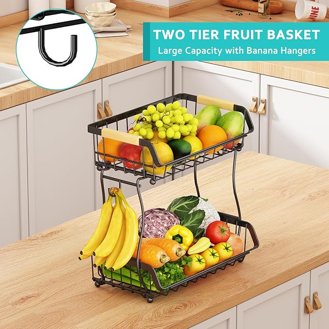 2 Tier Fruit Basket with 2 Banana Hangers, Detachable Countertop Fruit Bowls for Kitchen Counter, Metal Wire Fruit Vegetable Storage Holder Stand with Wooden Handles for Bread, Snacks, Veggies-Ruum Studio Home