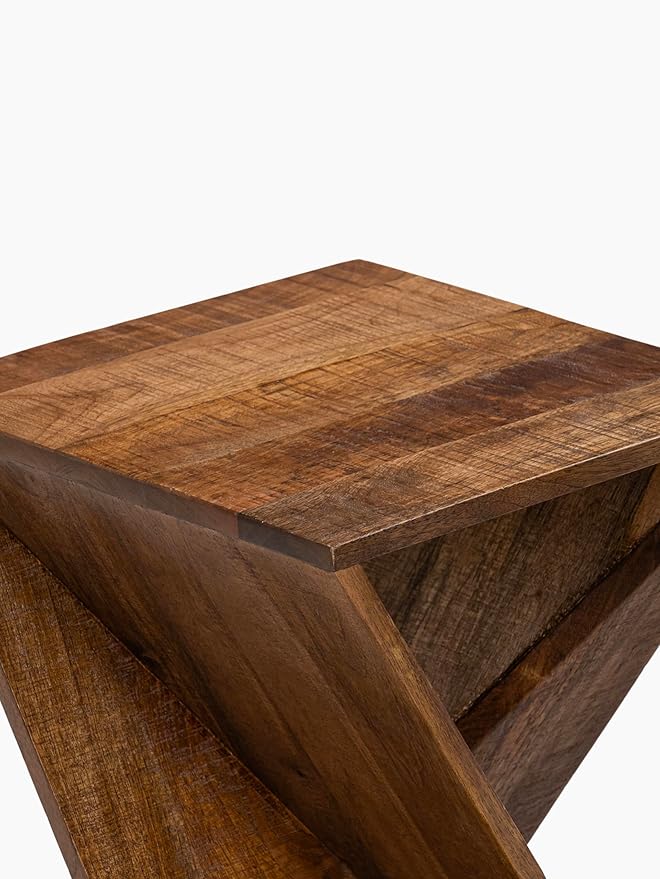 Modern Hand Made One-of-a-Kind Carved Mango Wood End Table, Farmhouse Side Table,Farmhouse End Table,Living Room,Bedroom, Accent Table, Contemporary Architectural Designed Natural-Ruum Studio Home