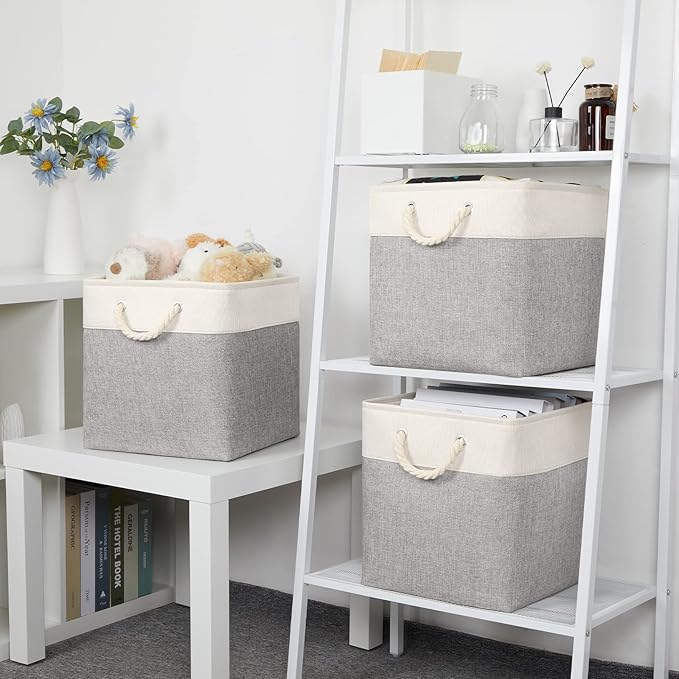 Bidtakay Fabric Basket Set - Large Square Organizer Bins, 13x13, Set of 3, White & Grey-Ruum Studio Home