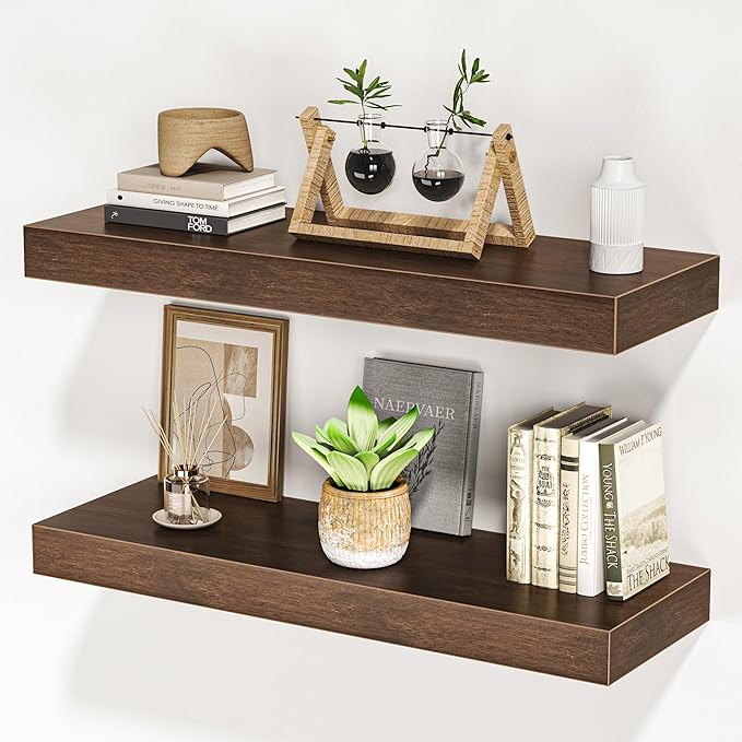 Floating Shelves for Wall, 24" W x 6.7" D x 1.5" H, Wooden Wall Mounted Display Shelves with Invisible Brackets for Living Room, Bedroom, Bathroom, Kitchen Decor and Storage, Set of 2, Walnut-Ruum Studio Home