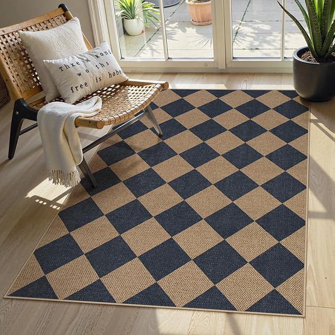 Lahome Checkered Easy Jute Entryway Rug, 3x5 Washable Area Rugs for Living Room Outdoor Patio, Non Slip Blue Indoor Door Mat Checkerboard Throw Carpet for Entry Front Door Guestroom Deck-Ruum Studio Home