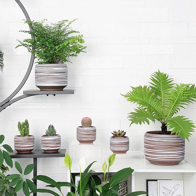 8 Inch + 6 Inch Ceramic Plant Pots Indoor with Drainage – Flower Pot Set, Decorative Indoor Planters for House Plants and Garden Use-Ruum Studio Home