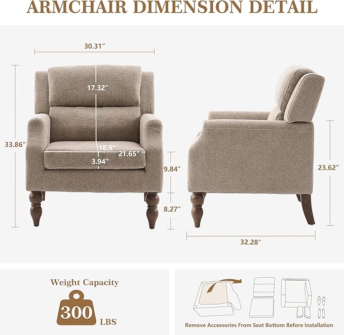 Kidol & Shellder Light Brown Oversized Accent Chair for Living Room Set of 2 Modern Reading Chair with Back Upholstered Comfy Single Sofa Chair for Bedroom Lounge Side Corner Boucle Fabric Armchair-Ruum Studio Home