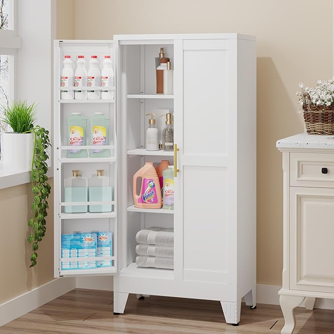 51" Metal Kitchen Pantry Cabinet, Storage Cabinets with 2 Door and 3 Adjustable Shelves, White Freestanding Food Storage Cabinet, Steel Cupboard for Kitchen Dinning Room-Ruum Studio Home