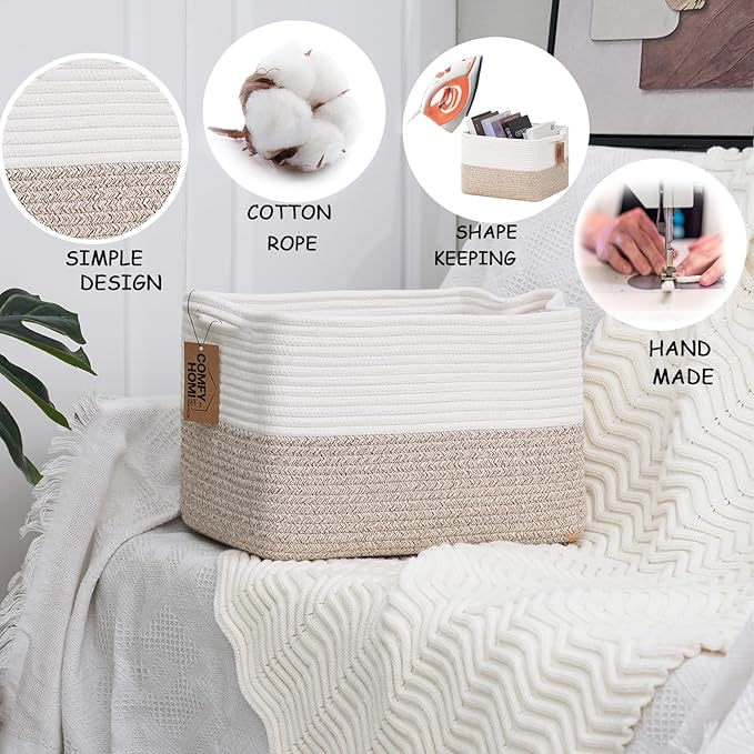 COMFY-HOMI Cotton Rope Woven Basket with Handles for Shelves,Toys,Book, Cloth Storage Baskets for Organizing-13.5" x 11" x 9.5" Toy Decorative Organizer for Living Room, Bathroom （White/Brown）-Ruum Studio Home