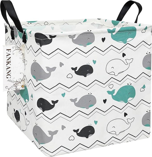 FANKANG Square Nursery Hamper Storage Bins Canvas Laundry Basket Foldable with Waterproof PE Coating Storage Baskets Gift Baskets for Children, Office, Bedroom, Clothes（Square-whales ）-Ruum Studio Home