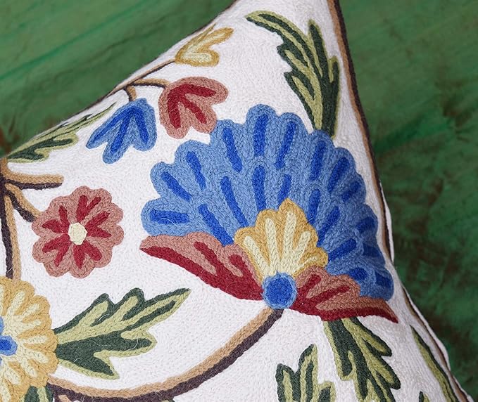 Dahlia Floral Pillow Cover - Cream Flower Pillowcase - Outdoor Cushion - Suzani Farmhouse Chair Throw - Traditional Chair Cushions - Hand Embroidered Wool Size - 18x18-Ruum Studio Home