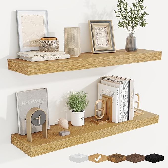 fuqing Floating Shelves for Wall, Bathroom Shelf Wall Mounted for Storage, Shelves with Invisible Bracket for Bedroom, Kitchen, Living Room, Farmhouse Small Book Shelf, 30 Inch Set of 2, Oak-Ruum Studio Home