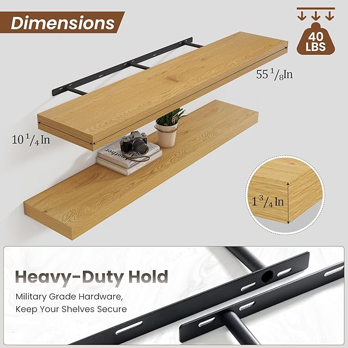 Heimlove 55 Inch Floating Shelves for Wall,10 Deep Large Rustic Wall Shelf with Heavy Duty Brackets,Mounted Storage & Display Shelves for Bedroom,Living Room,Kitchen,Office,Set of 2,Oak Color-Ruum Studio Home