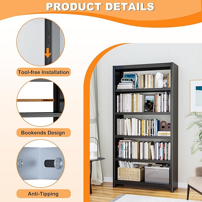5 Tier Book Shelf, Metal Bookshelf, 69.3” Tall Black Bookcase, Free-Standing Industrial Bookshelves, Tools-Free Assembly Book Storage Organizer for Bedroom, Living Room, Office (Black)-Ruum Studio Home