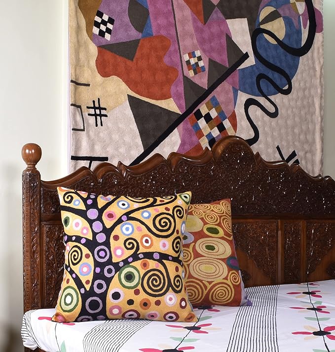 Klimt Yellow Tree of Life Pillow Cover Gold Floral Pillowcase Flower Botanical Gold Accent Suzani Sofa Cushions Kids Room Cushions Hand Embroidered Wool Size - 18x18-Ruum Studio Home