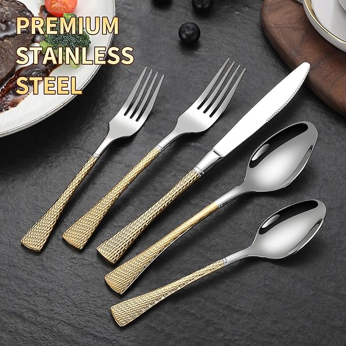 Hammered Silver Gold Silverware Set for 8,Stainless Steel 40-Piece Modern Cutlery Set,Mirror Polished Heavy Duty Flatware Set Utensil Set,Knives Spoons and Forks Set,Dishwasher Safe-Ruum Studio Home