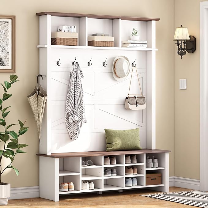 Ball & Cast 4-in-1 Hall Tree with 6 Hooks,Walnut Entryway Bench with Adjustable Shelves,Rustic Shoe Organizer with 16 Open Compartments,for Mudroom,Living Room,Hallway,White-Ruum Studio Home