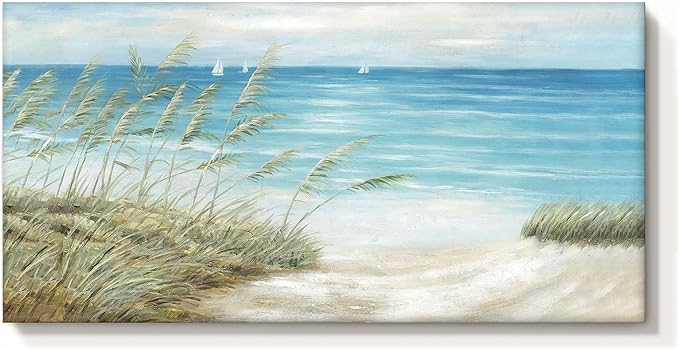Beach Sea Canvas Wall Art: Coastal Reed Hand Painting Abstract Blue Ocean Sailboat Nautical Picture Modern Seascape Grass Path Artwork Decor for Living Room Bathroom Bedroom-Ruum Studio Home