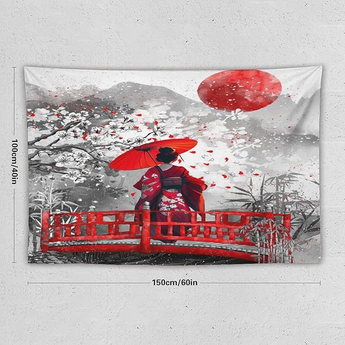 Japanese Red Geisha Tapestry Asian Cherry Blossom Red Sun Traditional Kimono Folk Tapestries Home Decor for Living Room Bedroom Apartment Farmhouse Dorm 60"x40"-Ruum Studio Home