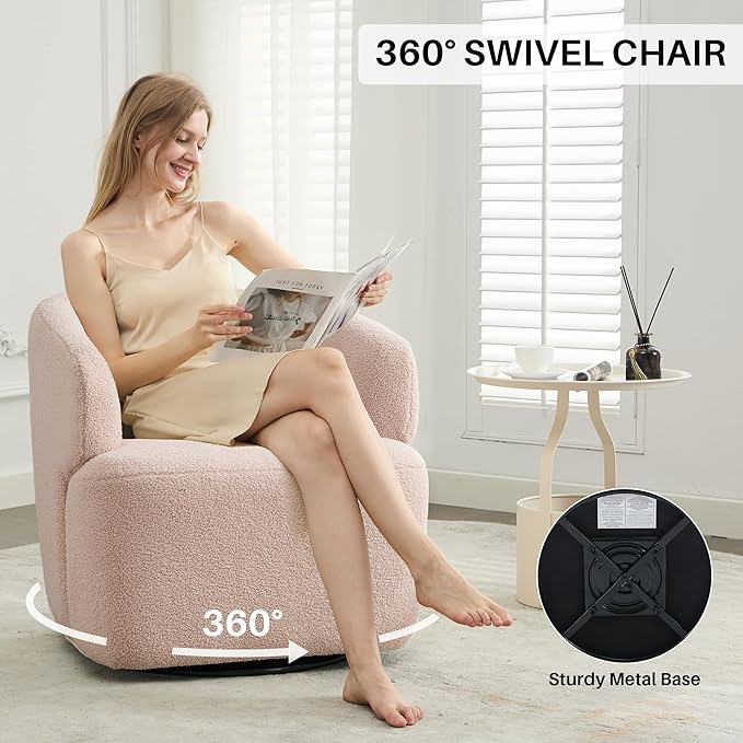 Swivel Accent Chair, Sherpa Teddy Barrel Chair for Living Room, Cozy Round Boucle Arm Chair, Metal Base for Club Nursery Bedroom, Light Blush Pink-Ruum Studio Home