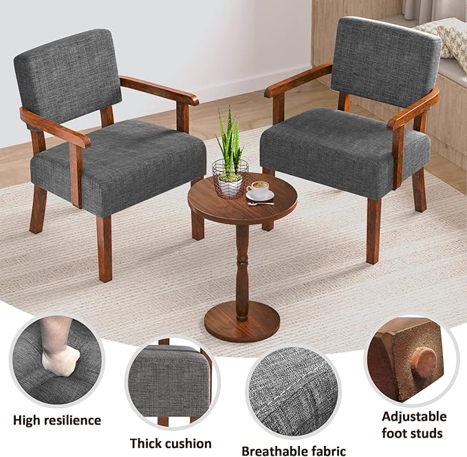 Accent Chair Set of 2 with Table, Living Room Chairs with Soft Seat and Armrests for Living Room Bedroom Reading Room Waiting Room, Grey (AC01)-Ruum Studio Home