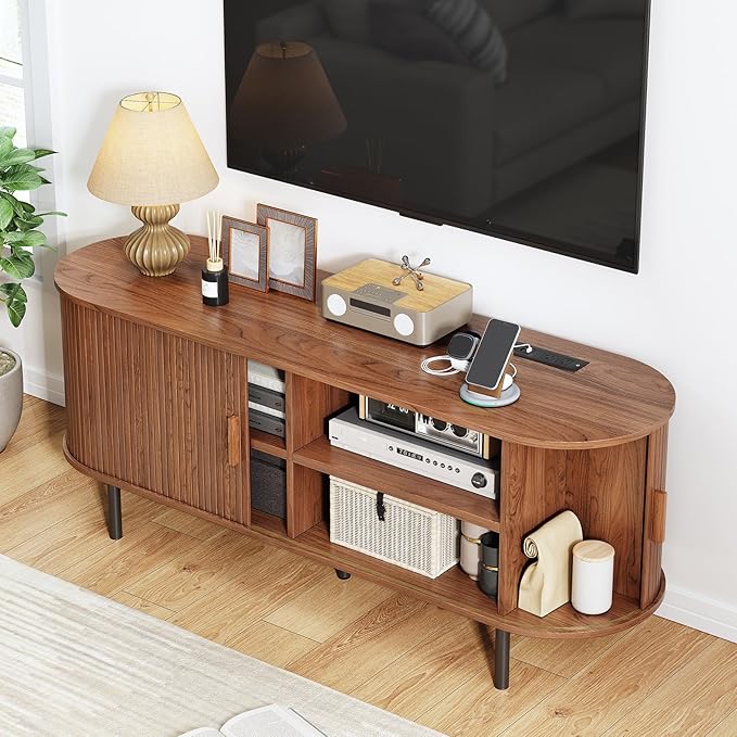 TV Stand with Power Outlet, Mid-Century Modern Television Stand, Media Console with Sliding Doors, Entertainment Center for TVs up to 60 Inch, Adjustable Shelves, Walnut-Ruum Studio Home