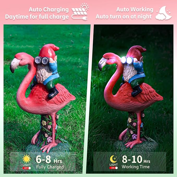 Solar Flamingo Gnome Garden Decor Statue, Outdoor Funny Solar Light Decoration for Yard, Patio, Lawn, Unique Housewarming, Birthday Gift for Women, Mom, Grandma-Ruum Studio Home