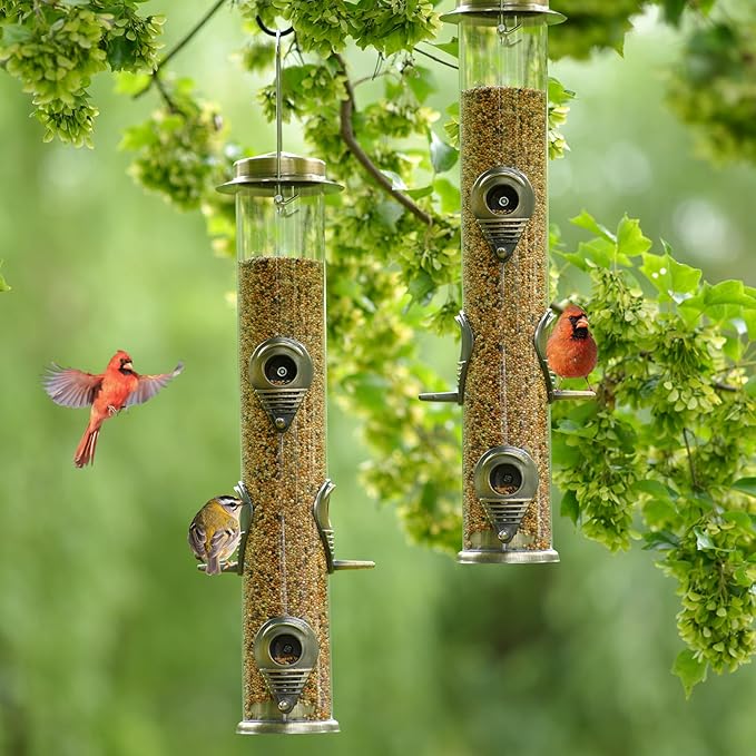 MIXXIDEA 1PK Metal Bird Feeders with 6 Feeding Ports,Tube Bird Feeder with Steel Hanger,Hard Plastic Wild Bird Feeder for Outdoors Hanging, Attracting Birds in Your Lawn, Garden, Balcony–Bronze-Ruum Studio Home