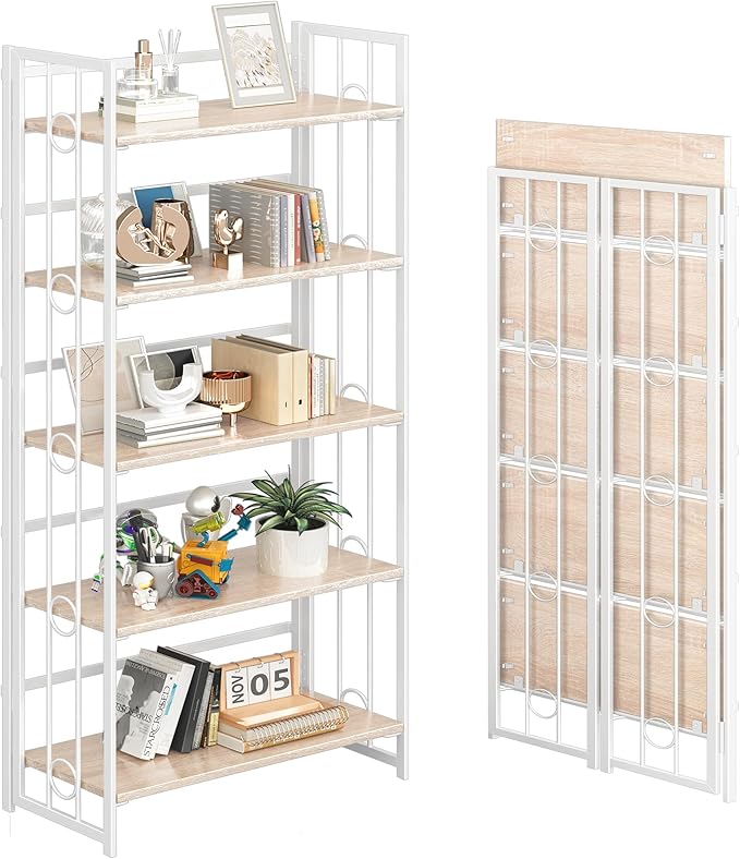 4NM No Assembly 5 Tiers Folding Bookshelf, 59.4" H Foldable Storage Shelves Vintage Bookcase Standing Racks Study Organizer Home Office - Natural White-Ruum Studio Home