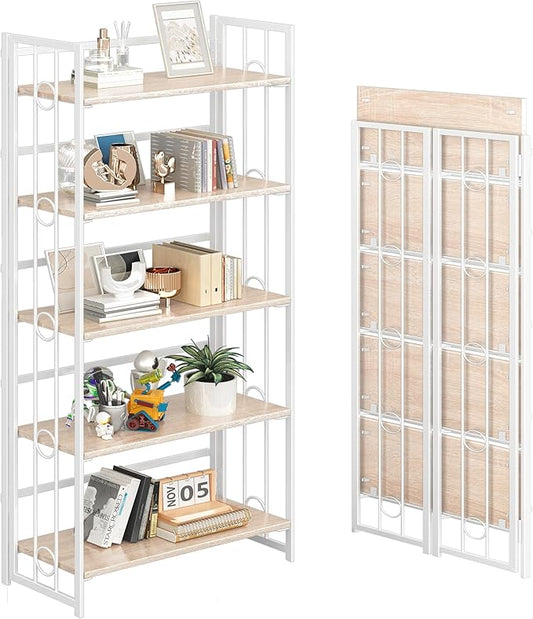4NM No Assembly 5 Tiers Folding Bookshelf, 59.4" H Foldable Storage Shelves Vintage Bookcase Standing Racks Study Organizer Home Office - Natural White-Ruum Studio Home