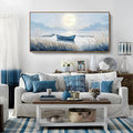 amatop Large Framed Wall Art Bedroom Living Room Decor Blue Boat Moonlight Coastal Seascape Picture Landscape Decorative Canvas Print Tranquil Night Ocean Lake Scene Artwork Nautical Wall Decor 48x24-Ruum Studio Home
