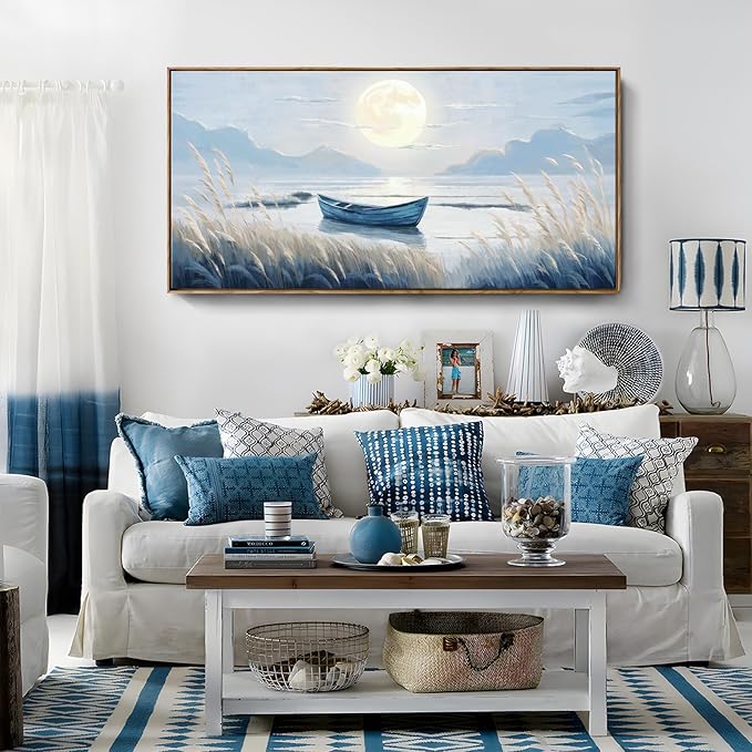 amatop Oversized Framed Coastal Wall Art for Living Room Blue Boat Moon Sea Picture Landscape Canvas Print Calming Night Ocean Lake Scene Large Artwork Nautical Bedroom Office Wall Decor 58x29 In-Ruum Studio Home