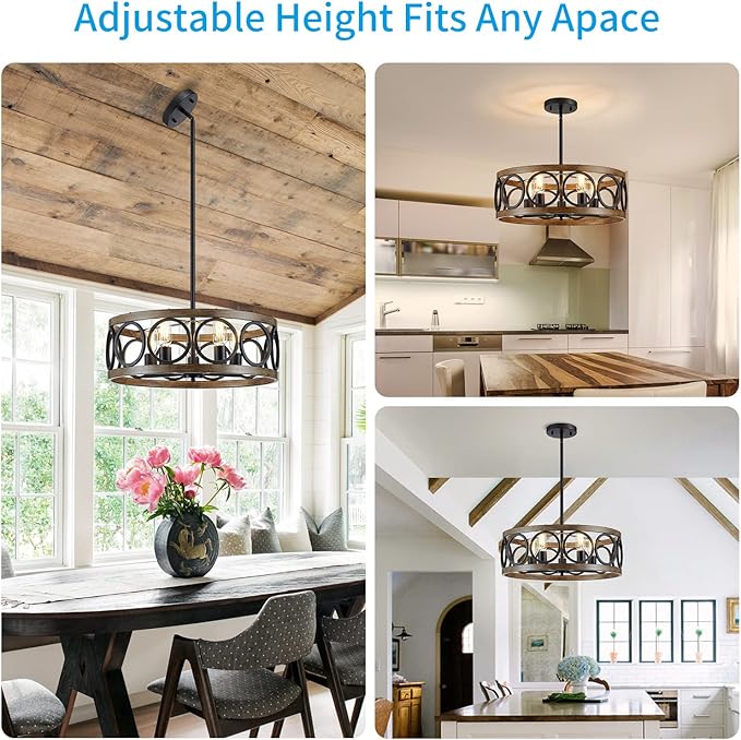 XINGQI 21.7'' Modern Chandelier, Farmhouse Drum Chandeliers for Dining Room Living Room Bedroom 5-Light Pendant Lighting Round Black Metal Antique Wood Grain Finish Adjustable-Ruum Studio Home