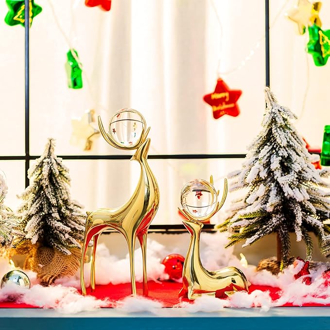 Sziqiqi Brass Reindeer Christmas Statue - Deer Sculpture for Living Room Decor - Gold Metal Reindeer Antler Animal for Tabletop-Ruum Studio Home