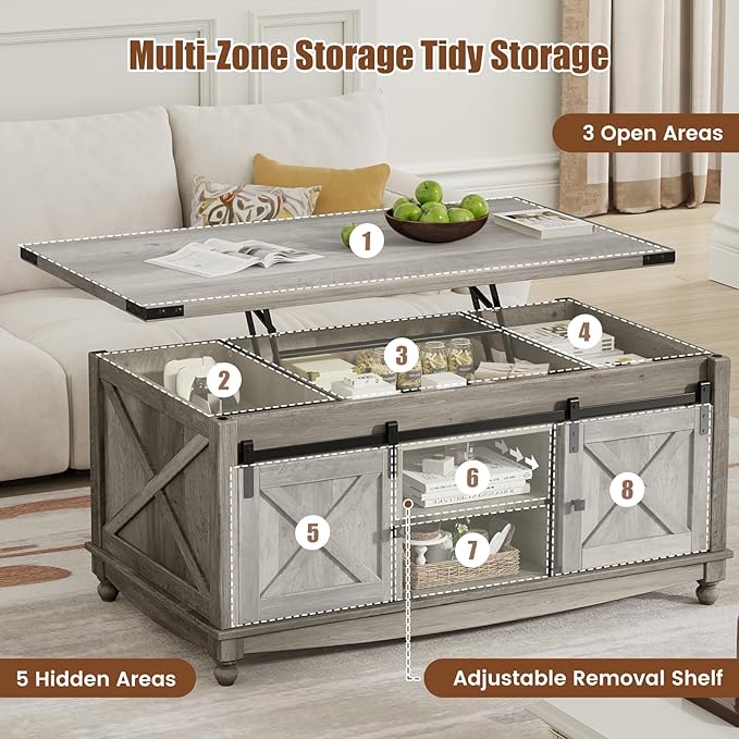 48" Farmhouse Lift Top Coffee Table with Storage Sliding Barn Door & Large Hidden Compartment, Coffee Table with Lifting Top with Wooden Lift Tabletop, Coffee Tables for Living Room, Grey-Ruum Studio Home