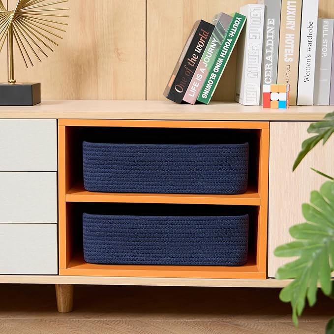 Large Shallow Organizing Baskets 15x11x5.1 Inches - Rope Woven Storage Bins for Bathroom, Shelves, Cube Closet, Navy Blue 2 Packs-Ruum Studio Home