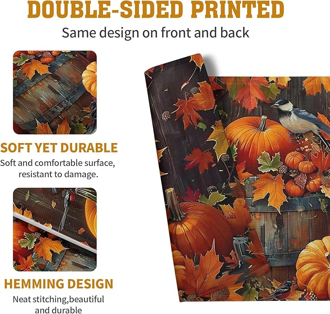 Pumpkin Maple Leaf Bird Fall Placemats Set of 4 Autumn Thanksgiving Seasonal Holiday Harvest Linen Table Mats Orange Brown Washable Place Mats for Party Kitchen Dining Outdoor Indoor Decor-Ruum Studio Home