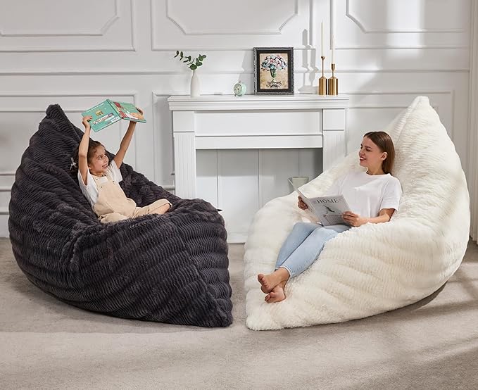 Hobestluk 3 in 1 Bean Bag Chair Giant Bean Bag Chairs for Adults with Ripple Cover Convertible Bean Bag Floor Cushion with Machine Washable Cover for Living Room (Ripple White)-Ruum Studio Home