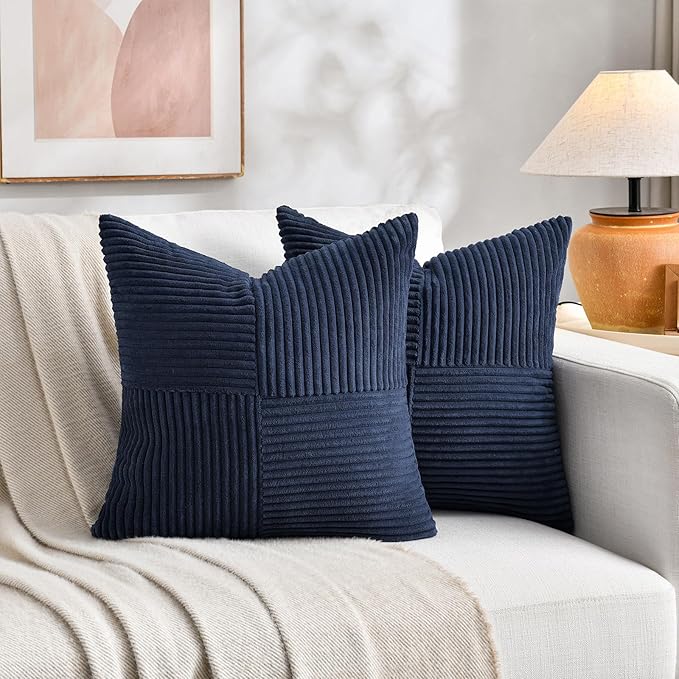 Fancy Homi 2 Packs Navy Blue Decorative Throw Pillow Covers 22x22 Inch for Living Room Couch Bed Sofa, Rustic Farmhouse Boho Home Decor, Soft Corss Corduroy Patchwork Accent Cushion Case 55x55 cm-Ruum Studio Home