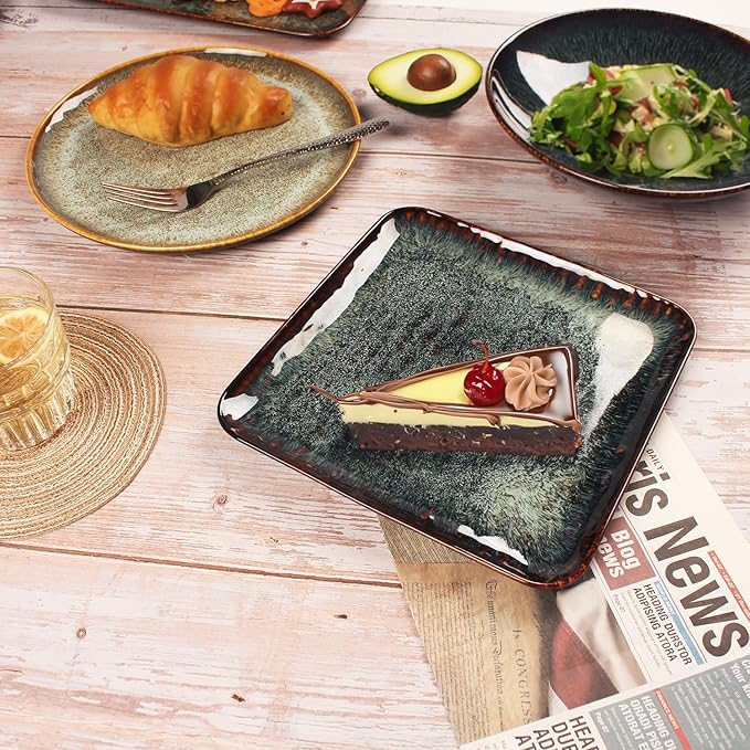 Ceramic Dinner Plates Dish Set, Set of 4, Microwave Oven and Dishwasher Safe, Scratch Resistant, Dinnerware Kitchen Porcelain Serving Dishes 9 inch Square plate-Ruum Studio Home